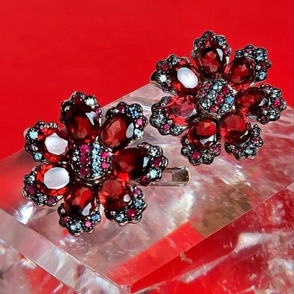 925 Sterling Silver flower Earrings with Natural Garnet, Sapphire, Ruby Gemstone - Picture 1 of 9